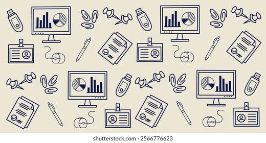 Office equipment pattern such as computer containing chart and graph, pen, paperclips, pins, flash drive, name tag, identity card, file document. Business doodle background.
