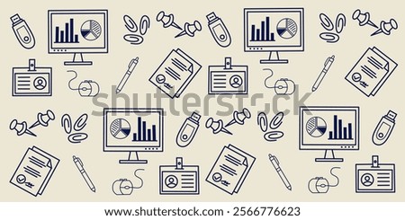 Office equipment pattern such as computer containing chart and graph, pen, paperclips, pins, flash drive, name tag, identity card, file document. Business doodle background.