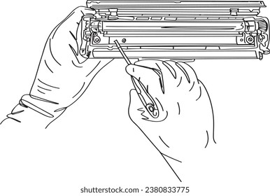 Office Equipment Repair: Vector Illustration of Hands Fixing Laser Printer, Laser Printer Refilling: Cartoon Illustration of Hands Repairing Toner Cartridge