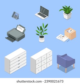 Office equipment set. Printer and laptop, phone, Flowerpot with plant and white desks, blue armchair. Equipment for workplace. Cartoon isometric vector collection isolated on blue background