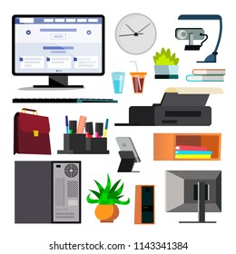 Office Equipment Set Vector. Computer, Laptop, Monitor. Icons. Business Workspace. Hardware And Gadgets. Elements. Isolated Flat Illustration