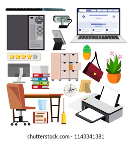 Office Equipment Set Vector. PC, Smartphone, Printer. Icons. Business Workplace. Stationery. Office Things. Isolated Flat Illustration
