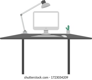 Office equipment table on a white background. vector working space area in office or home with computer,lamp.