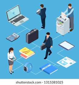 Office equipment, office workers isometric vector concept