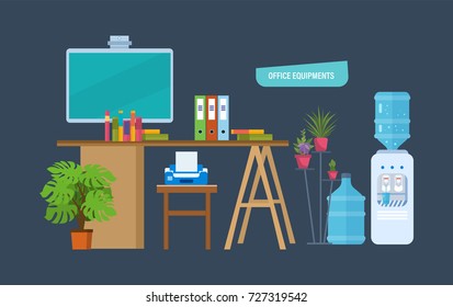 Office equipments concept. Office workplace, workspace with desktop, modern monitor, furniture in interior, accessories, printer, plants, bottled water. Vector illustration isolated in cartoon style.