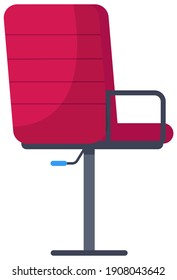 Diseño plano ergonómico de silla roja de oficina. Icono vectorial confortable silla de moda sobre ruedas aisladas sobre fondo blanco. Elemento de mobiliario para el gabinete del jefe del interior de la oficina. Objeto para sentarse con reposabrazos