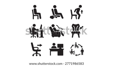 Office ergonomics and chair usage icons with ergonomics furniture workspace