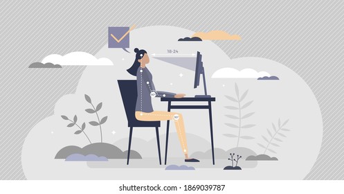 Office ergonomics as correct and healthy sitting posture tiny person concept. Workspace table or chair adjustable position for spinal comfort vector illustration. Computer workstation modern equipment