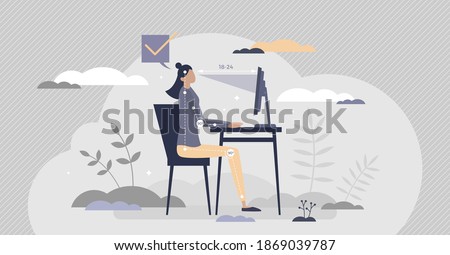 Office ergonomics as correct and healthy sitting posture tiny person concept. Workspace table or chair adjustable position for spinal comfort vector illustration. Computer workstation modern equipment