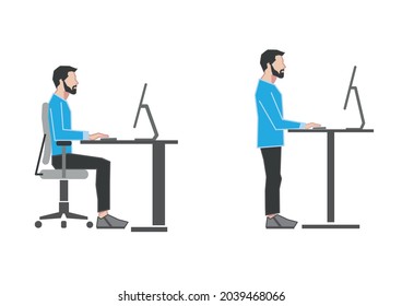 Office Ergonomics - How To Sit At A Desk When Using A Computer And How To Use A Stand-up Workstation - Vector Illustration On White Background