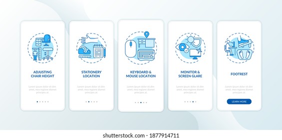 Office ergonomics tips onboarding mobile app page screen with concepts. Monitor, keyboard and mouse location walkthrough 5 steps graphic instructions. UI vector template with RGB color illustrations