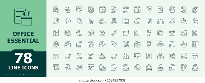Conjunto de ícones do Office Essential. Apresentando monitor, arte, tabuleiro, tudo, cadeira, clipe e muito mais. Ícone de ferramenta definido. Ícones do aplicativo. Ilustração vetorial. Pixel perfeito.