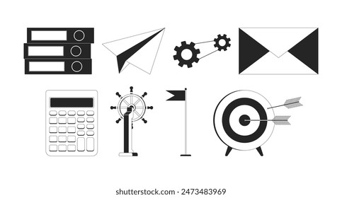 Office essentials black and white 2D line cartoon objects set. Stationery supplies isolated vector outline items collection. Business development strategy monochromatic flat spot illustrations