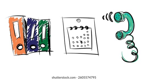 Office essentials doodle design, hand drawn document folder, calendar and wired phone
