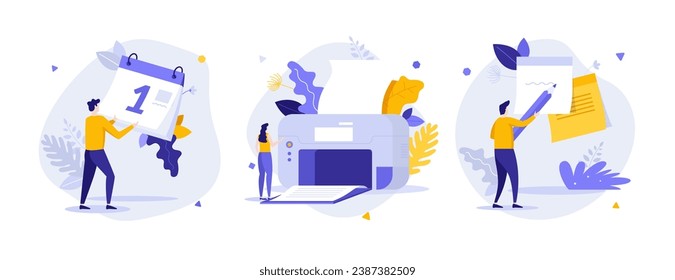 Office essentials flat concept vector illustrations set. Mark notes for important date cartoon composition. Printing appliance for documents creative idea for website, mobile, presentation