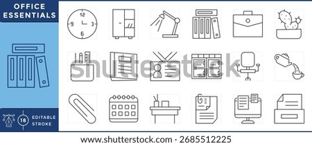 Office Essentials line icons set. Office, work, job, pen, tea, document, calendar, identity, folder, and many more. Vector editable stroke.