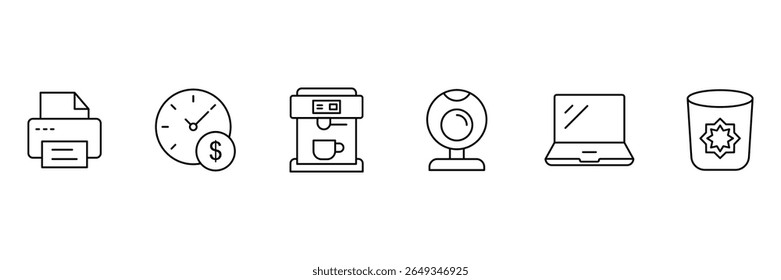 Office essentials e ferramentas de produtividade ícone definido com máquina de café impressora laptop webcam tempo dinheiro lixo para vetor espaço de trabalho.