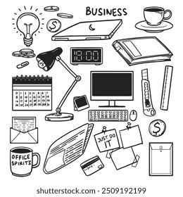 Colección de boceto de Essentials de Office. Conjunto de ilustración dibujado a mano. Concepto de negocio de Ilustración vectorial.