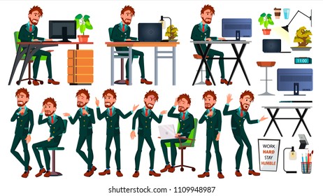 Office European Worker Vector. Face Emotions. Businessman Person. Poses. Front, Side View. Smiling Executive, Servant, Workman, Officer. Isolated Character Illustration
