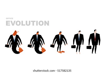 Office Evolution. Office plankton turns into boss. Shrimp in human development. From manager to Director. Marine crustaceans in business suit. Business illustration