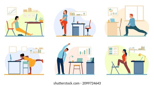 Office exercise. Sport on workplace. Workers do warm up. Employee stretch out. Fitness exercising during operation. Body care. People training with workspace furniture