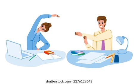 office exercise vector. desk corporate, healthy adult, workout woman, fit happy, workplace office exercise character. people flat cartoon illustration