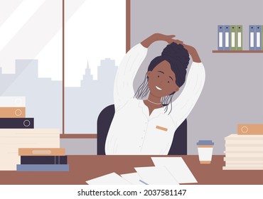 Office exercises for body health, business woman exercising after work vector illustration. Cartoon young woman character sitting at desk, girl taking break to stretch in workplace interior background