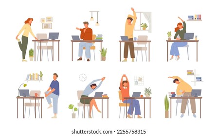 office exercises. freelancers home workplace making gymnastic. vector sport exercises characters