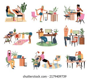 Office exercises. Workplace stretching, employee kneads muscles, healthy corporate warmup, happy freelancers do sports, fitness and relaxing, active lifestyle, tidy vector cartoon flat set