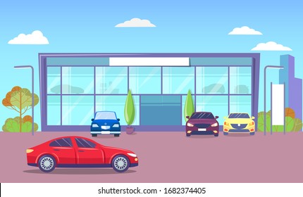 Office exterior with transport parked by headquarter. Modern city infrastructure and architecture. Cityscape with cars on roads. Townscape of business center with automobile. Vector in flat style