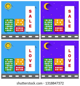 Office facade vector set. Day and night sale and love. Can be used for business presentation, card, advertisements, wallpapers, tickets, banners