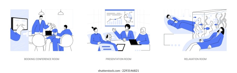 Office facilities abstract concept vector illustration set. Booking conference room, presentation and relaxation zone, office life, teamwork organization at workplace abstract metaphor.