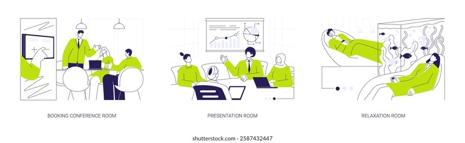 Office facilities abstract concept vector illustration set. Booking conference room, presentation and relaxation zone, office life, teamwork organization at workplace abstract metaphor.