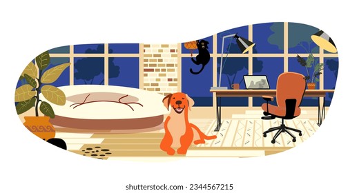 Office facilities and design isolated cartoon vector illustrations set. Funny black cats in the room play and hide in indoor plants. Retro style 60s, 70s. Pet friendly. Bright interior with large wind