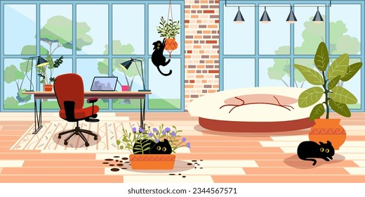 Office facilities and design isolated cartoon vector illustrations set. Funny black cats in the room play and hide in indoor plants. Retro style 60s, 70s. Pet friendly. Bright interior with large wind