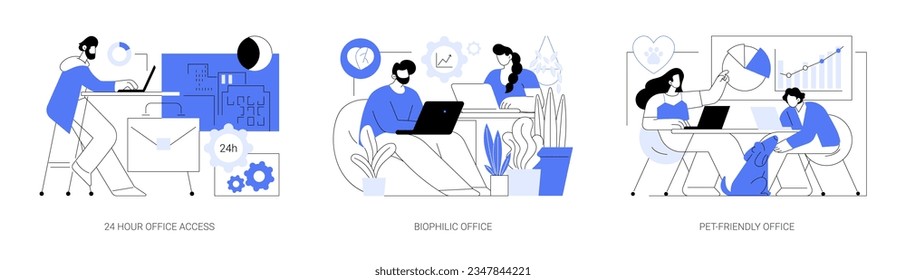 Office facilities and design isolated cartoon vector illustrations set. 24 hour smart office access, biophilic office space, pet-friendly modern workplace, vertical garden vector cartoon.