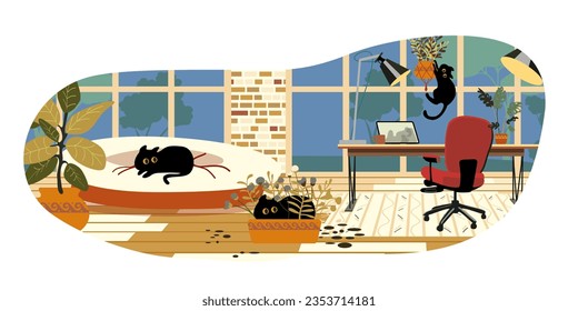 Office facilities and design isolated cartoon vector illustrations set. Funny black cats in the room play and hide in indoor plants. Retro style 60s, 70s. Pet friendly. Bright interior with large wind