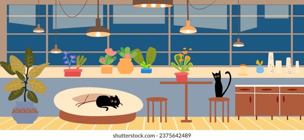 Instalaciones de oficina y diseño aislado de ilustraciones vectoriales de dibujos animados conjunto. Los gatos negros divertidos en la habitación juegan y se esconden en las plantas interiores. Estilo retro 60, 70. Amigable con las mascotas. Interior luminoso con gran viento