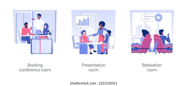 Office facilities isolated concept vector illustration set. Booking conference room, presentation and relaxation zone, office life, teamwork organization at workplace vector cartoon.