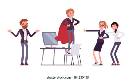 Office female manager wearing a cloak, standing in akimbo pose, seeking recognition, hero syndrome in the work place, confident and honored, colleagues around, full length, isolated, white background