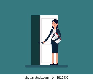 Office female opening a door. Vector illustration business coworker concept, Businessman, Happy flat cartoon character design.