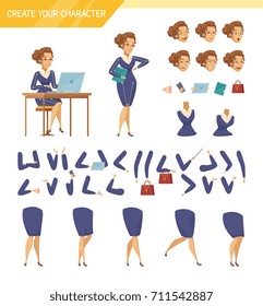 Office female worker character creator constructor elements collection with hands legs heads and accessories isolated vector illustration 