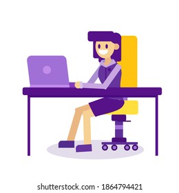 Office female worker and workplace with table, laptop. Business woman or bloger working at her desk. Concept of office, business or employee. Flat stock vector illustration in Eps10 isolated on white
