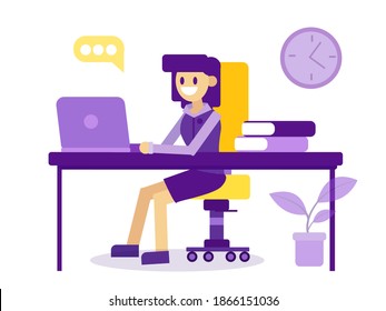 Office female worker and workplace with table, clook, laptop. Business woman working at her desk. Concept of office, business or employee. Flat stock vector illustration in Eps10 isolated on white.
