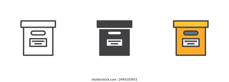 Office file box different style icon set. Line, glyph and filled outline colorful version, outline and filled vector sign. Archive box symbol, logo illustration. Vector graphics