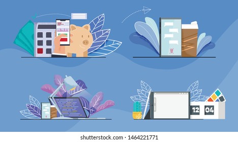 Office, Finance Analysis and Time Management Set. Piggy Bank, Calculator, Mobile with Open Application. Phone with Free Chat and Coffee Cup. Workers Accessories. Cartoon Vector Flat Illustration