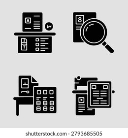 Office finance desk setup solid icons featuring accounting resources budgeting tools reports calculators and financial management workspace materials.