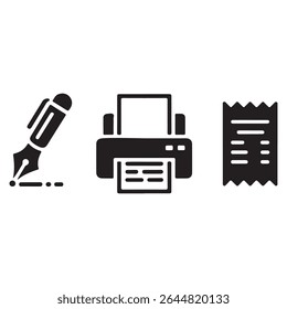 Office  Finance Essentials: Pen, Printer, and Receipt Icons for Business