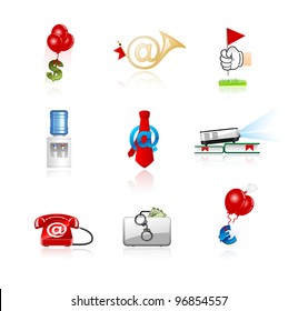 Office and finance themed icon set including internet business, currency, presentation and other icons. This illustration contains transparencies, AI10 EPS.