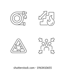 Office fire safety instructions linear icons set. Water hose. Assembly point. Risk of explosion. Customizable thin line contour symbols. Isolated vector outline illustrations. Editable stroke
